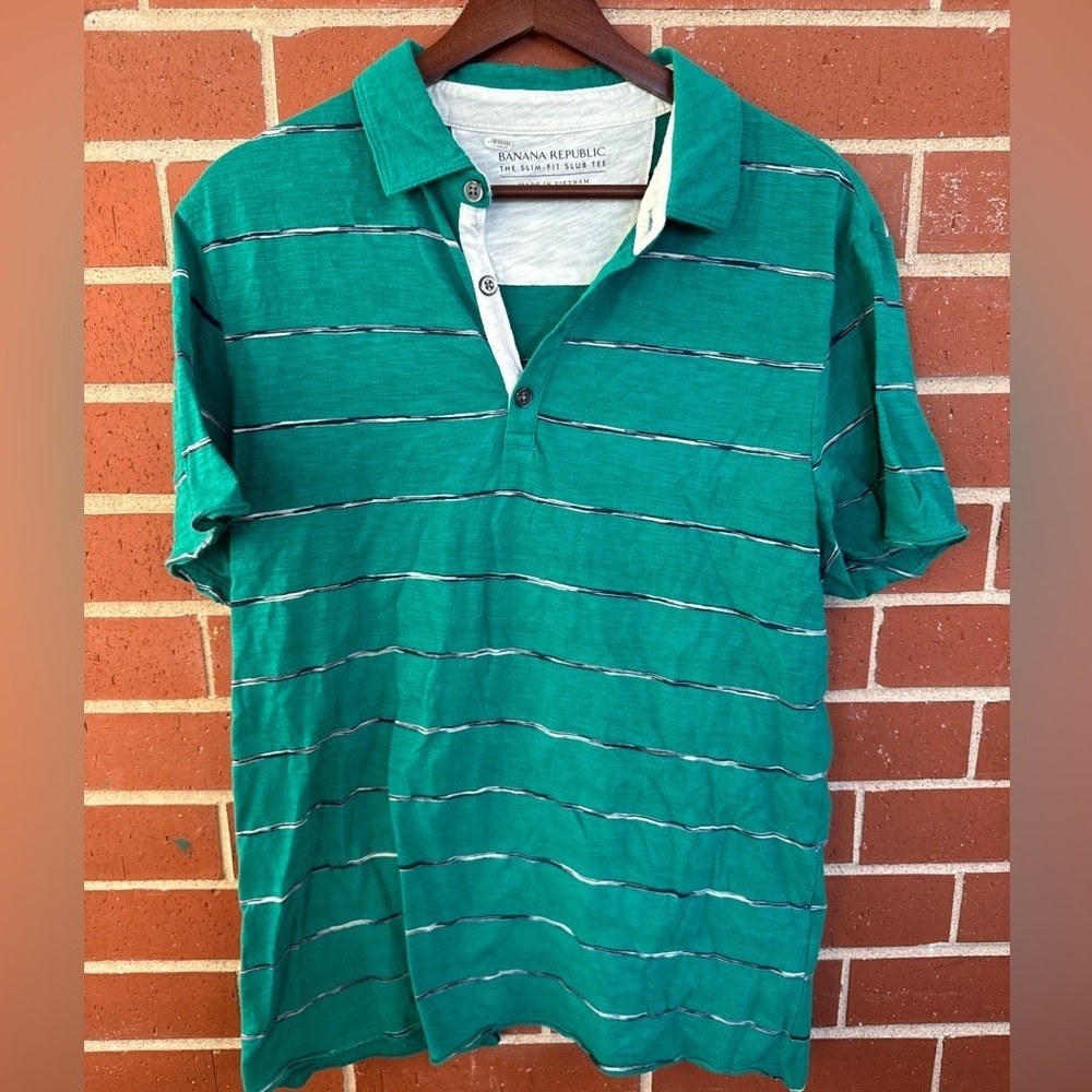 Banana Republic Slim Fit Slub Tee Polo Shirt Green Striped Men’s Large